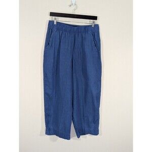 Tahari Essentials High Rise Wide Leg Blue Linen Ankle Pants Pockets Beach Sz L